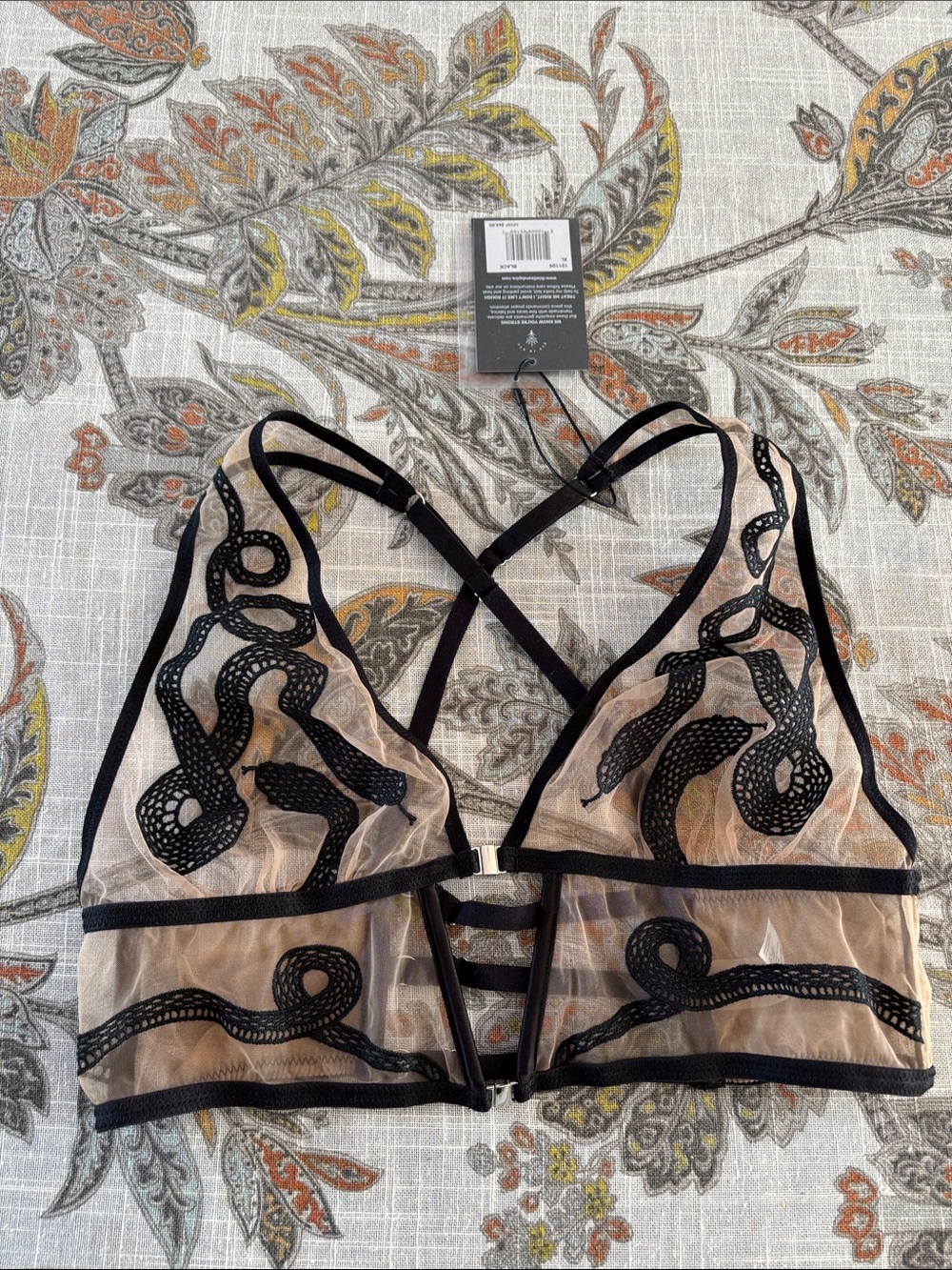 Thistle and Spire Black Snake-Embroidered Sheer Bralette on Nude-XL